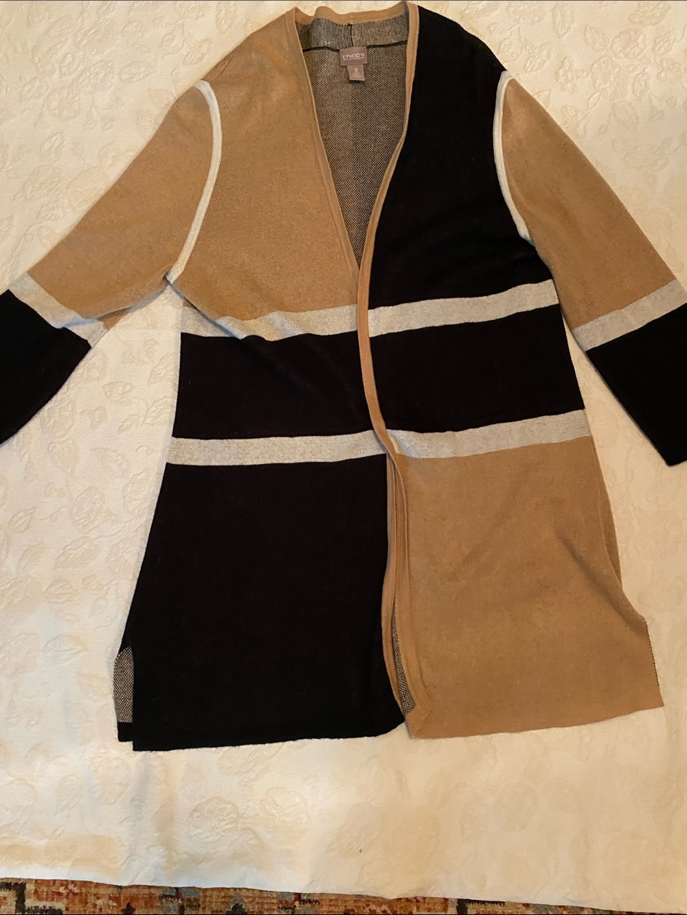 Chicos Colorblock Open-Front Cardigan — Camel, Black & Silver